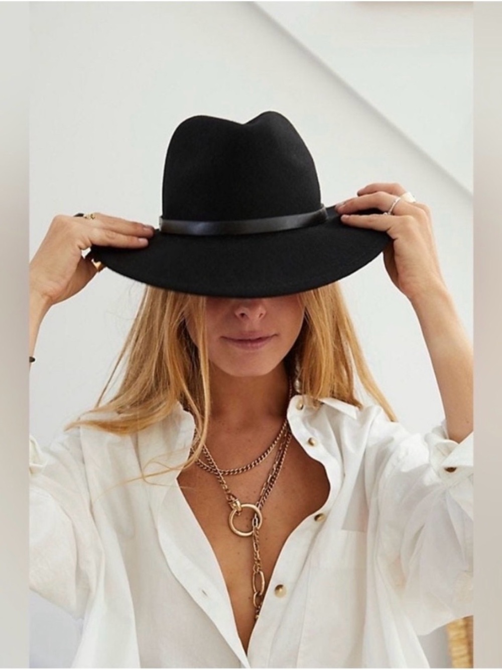 Free People Black Wide-Brim Fedora Hat with Leather Band NWT
